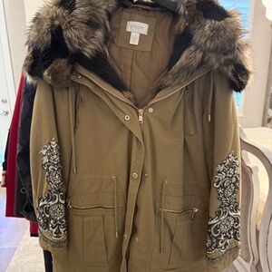 Chico's Beautiful Fur Collar Hooded Coat Sz 1 or Med.
